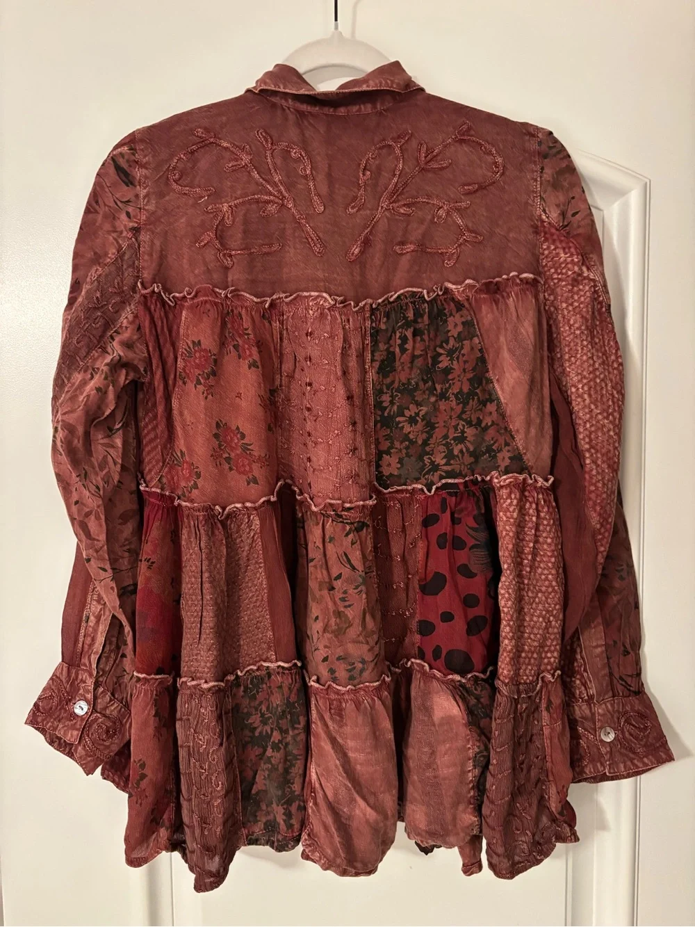 NWT - Burgundy Patchwork Boho Style Blouse - Picture 2 of 13